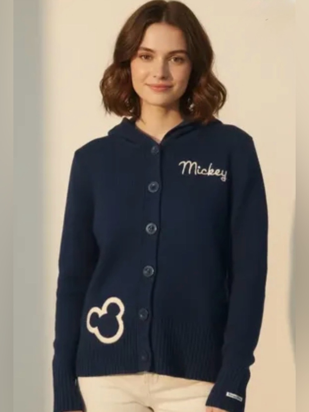 Disneyland Official Mickey Mouse Hooded Embroidered Wool Cardigan Button 2XL